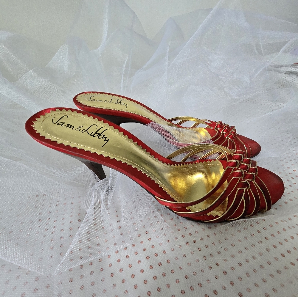 S O L D Sam & Libby Red/Gold Strappy Backless Heels w/Decorative Knots Size 9M - Picture 8 of 11